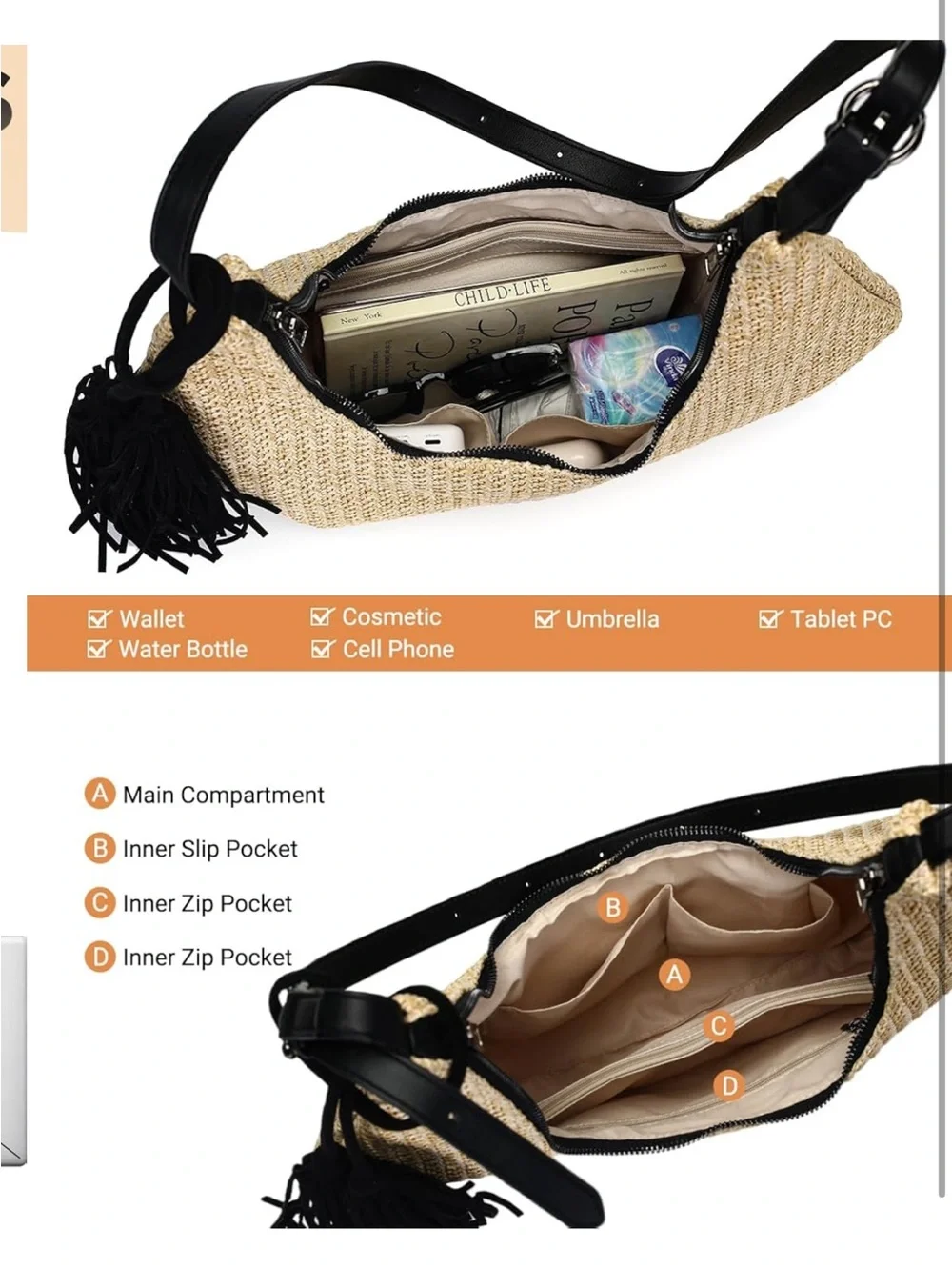 Straw Hobo Shoulder Bag with Tassel, Summer Beach Crossbody Purse